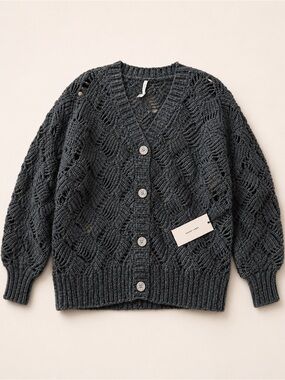 Paper label Lynn Marino wool Open-Knit Charcoal Button-Front Cardigan